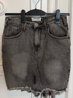 Gray Washed Denim Mini Skirt Frayed Hem
